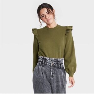 Who What Wear Olive Ruffle Sleeve Sweater